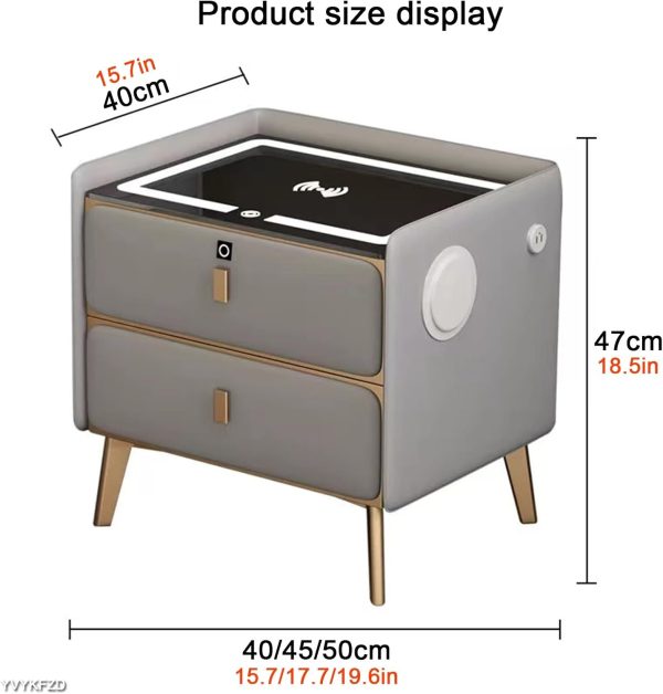 ⁦طاولة جانبية ذكية مع قاعدة شحن من واي في واي كيه اف زد دي، طاولة جانبية خشبية بدرجين مع قفل ببصمة الاصبع و3 مصابيح LED ملونة، حامل ليلي صغير لغرفة النوم (اللون: بني فاتح، 2 قطعة، مقاس⁩ - الصورة ⁦2⁩