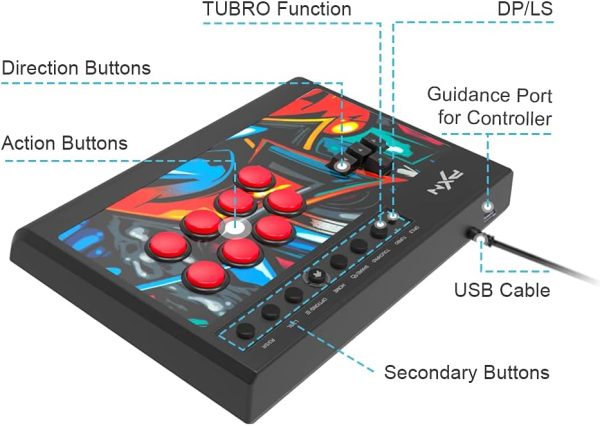 ⁦PXN X8 Arcade Fight Stick PC Street Fighter Keyboard Style Arcade Game Fighting Joystick USB Port Arcade Stick for PS3/ PS4/ Xbox One/Xbox Series X/S/Switch/Window PC(Black)⁩ - الصورة ⁦6⁩