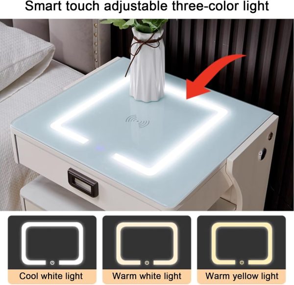 ⁦طاولة جانبية ذكية من واي في واي كيه اف زد دي مع 3 مصابيح LED ملونة مع منافذ USB وقاعدة شحن ومكبر صوت، طاولة بجانب السرير بـ3 ادراج لغرفة النوم (اللون: رمادي فاتح، خشب مُصنع⁩ - الصورة ⁦4⁩