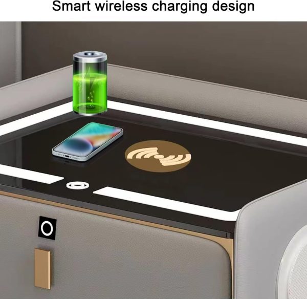⁦طاولة جانبية ذكية مع قاعدة شحن من واي في واي كيه اف زد دي، طاولة جانبية خشبية بدرجين مع قفل ببصمة الاصبع و3 مصابيح LED ملونة، حامل ليلي صغير لغرفة النوم (اللون: بني فاتح، 2 قطعة، مقاس⁩ - الصورة ⁦5⁩