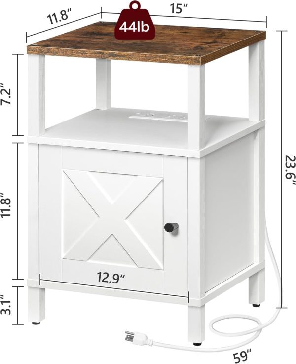 ⁦طاولة جانبية مع قاعدة شحن من ماهانكريس، طاولة بجانب السرير مع منافذ USB ونوع C، طاولة جانبية مع مساحة تخزين، حامل ليلي لمنزل المزرعة لغرفة النوم، ابيض وبني ريفي ETRW96E01، خشب مُصنع⁩ - الصورة ⁦3⁩