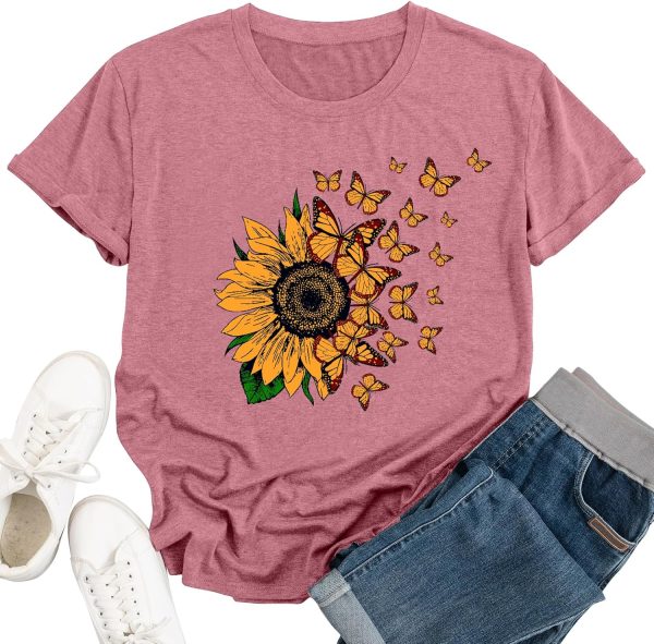 tiorhooe Womens Sunflower Shirt Flower Pattern T Shirt Woman Cute Casual