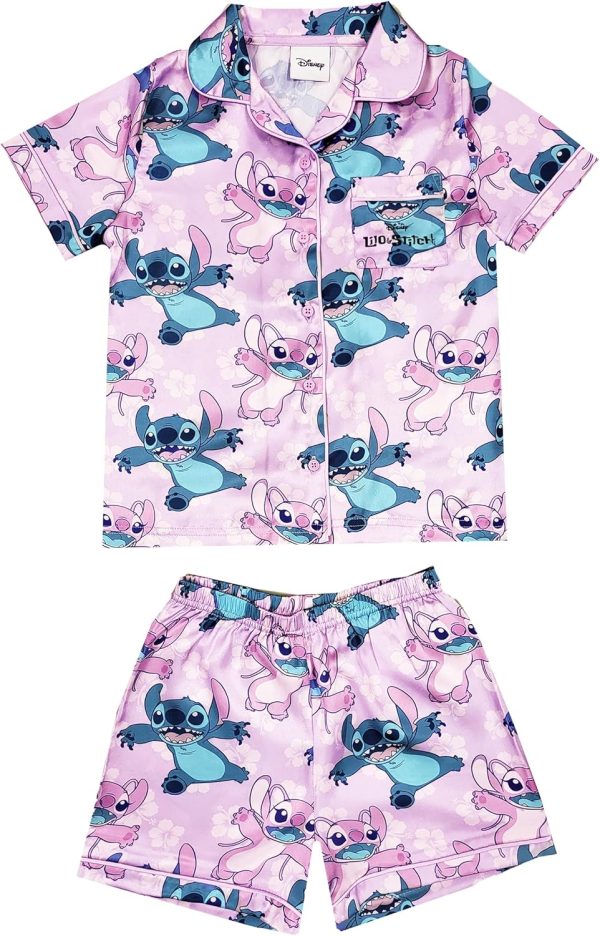 Disney Lilo Stitch Girls Satin Short Pyjamas Button Collar