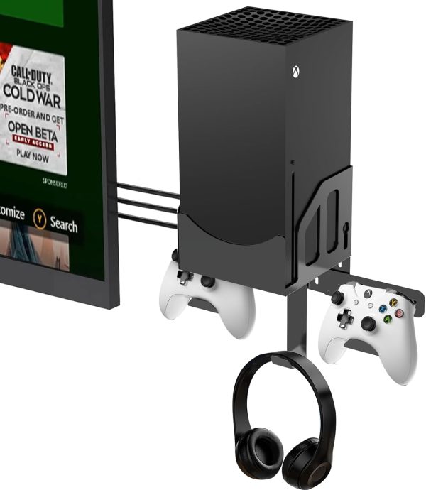 Wall Mount Kit for Xbox Series X - Black Metal with Controller Holder & Headphone Hanger, Designed for Accessory Mounting Near Your TV.