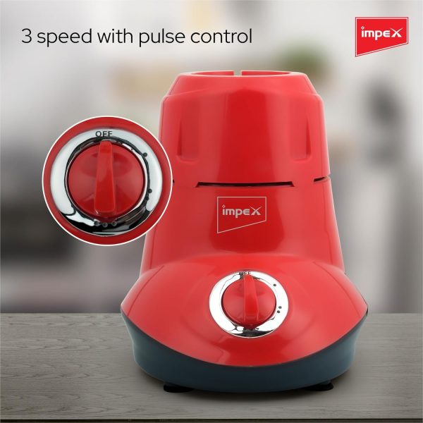 1732246919 Impex Blender 2 In 1 Mixer Grinder 550W Powerful Motor Stainless Steel Jars and Blade3 Speed With Pulse Control Overload Protection2 Year Warranty Red