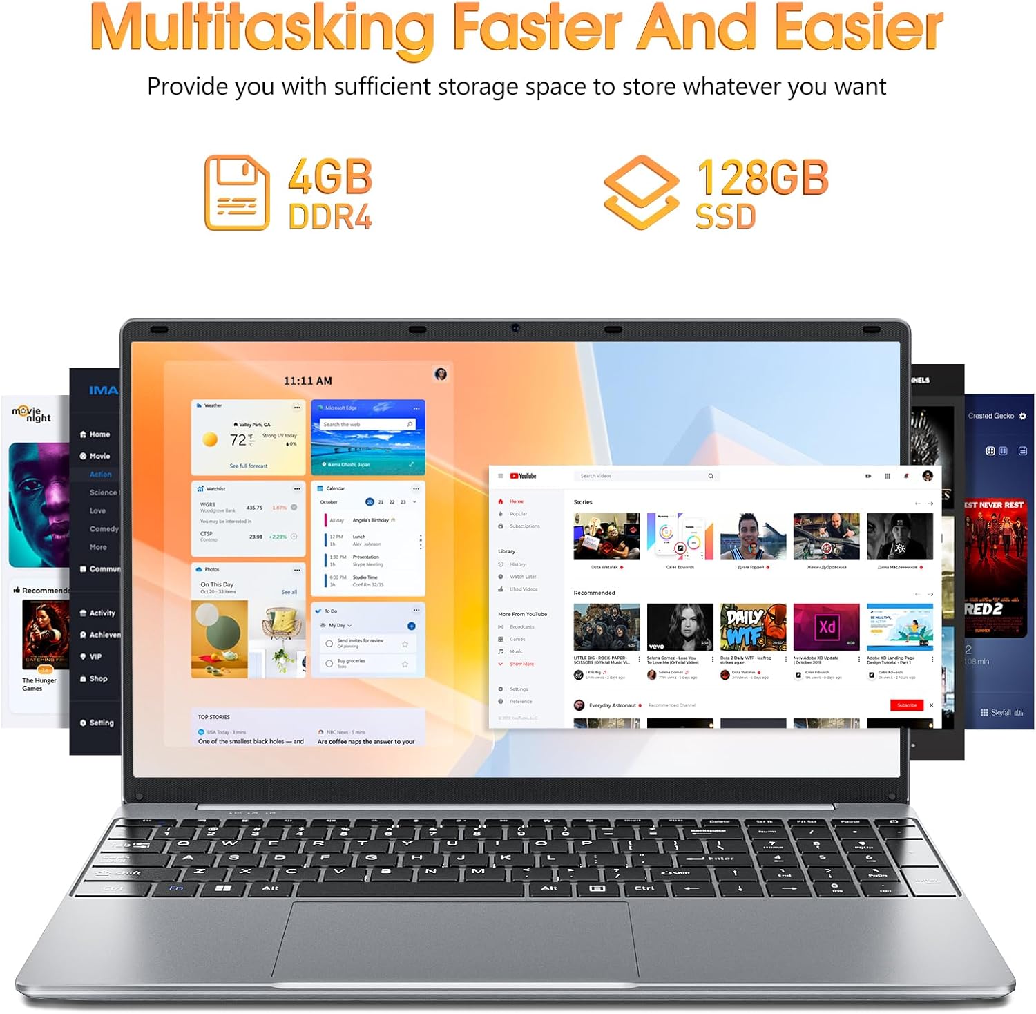 1732249555 PKHOZ 15.6 Inch Laptops 4GB RAM 128GB SSD Laptop Computer Quad Core Celeron Processor Notebook 2.4G5G WiFi Type C Mini HDMI Webcam 1TB Expansion UHD Graphics 600Silver