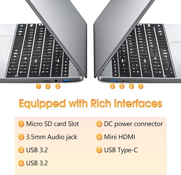 ⁦PKHOZ 15.6 Inch Laptops, 4GB RAM, 128GB SSD Laptop Computer, Quad Core Celeron Processor Notebook, 2.4G/5G WiFi, Type-C, Mini HDMI, Webcam, 1TB Expansion, UHD Graphics 600(Silver)⁩ - الصورة ⁦6⁩