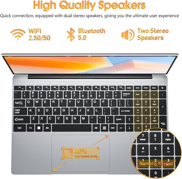 ⁦PKHOZ 15.6 Inch Laptops, 4GB RAM, 128GB SSD Laptop Computer, Quad Core Celeron Processor Notebook, 2.4G/5G WiFi, Type-C, Mini HDMI, Webcam, 1TB Expansion, UHD Graphics 600(Silver)⁩ - الصورة ⁦7⁩
