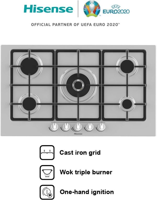 ⁦هايسينس موقد غاز GM973XF بـ 5 مناطق طهي وعرض 90 سم وشوايات من الحديد الزهر واشعال مدمج من الستانلس ستيل مضاد لبصمات الاصابع⁩ - الصورة ⁦2⁩