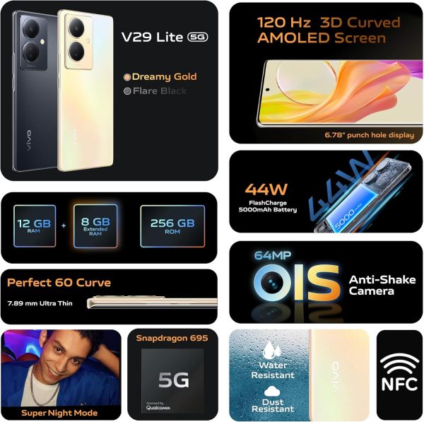 ⁦جوال فيفو V29 لايت 5G ثنائي شرائح اتصال/اسود فلير/RAM 12+8GB/256GB/6.78 انش، FHD/شاشة اموليد منحنية ثلاثية ابعاد/كاميرا 64MP ضد اهتزاز/ان اف سي/شحن 44 واط⁩ - الصورة ⁦4⁩