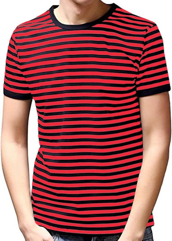 Ezsskj Mens Short Sleeve Striped T Shirt red and Black