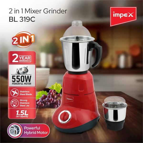 Impex Blender 2 In 1 Mixer Grinder 550W Powerful Motor Stainless Steel Jars and Blade3 Speed With Pulse Control Overload Protection2 Year Warranty Red