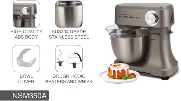 Nikai 400 Watts 10 Speed Stand Mixer with Pulse Dough Hook Beaters Whisk 3.5 Liter Capacity Bowl with Cover NSM350A