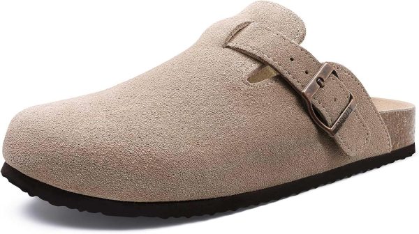 ODOLY Womens Suede Clogs Soft Cork Footbed Leather Mules Comfort