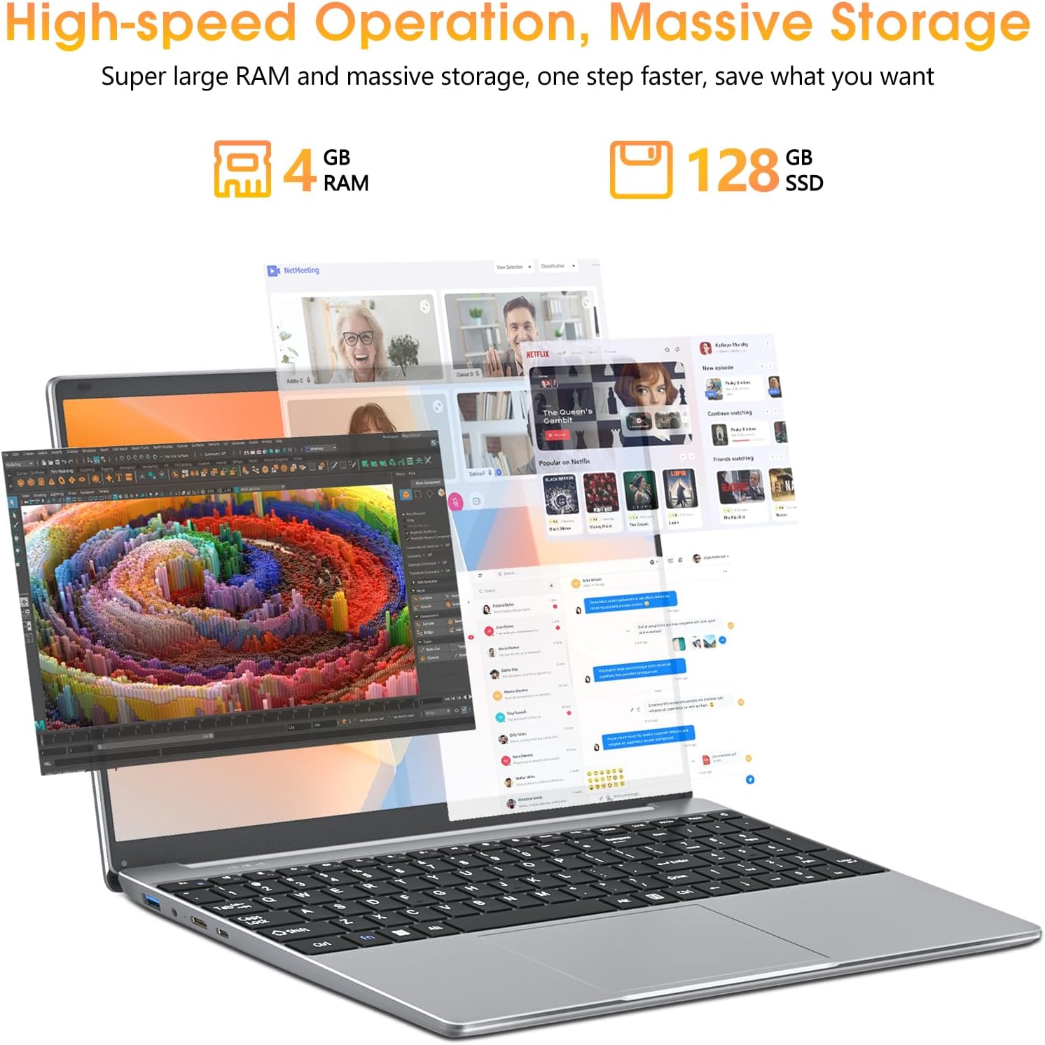 PKHOZ 15.6 Inch Laptops 4GB RAM 128GB SSD Laptop Computer Quad Core Celeron Processor Notebook 2.4G5G WiFi Type C Mini HDMI Webcam 1TB Expansion UHD Graphics 600Silver