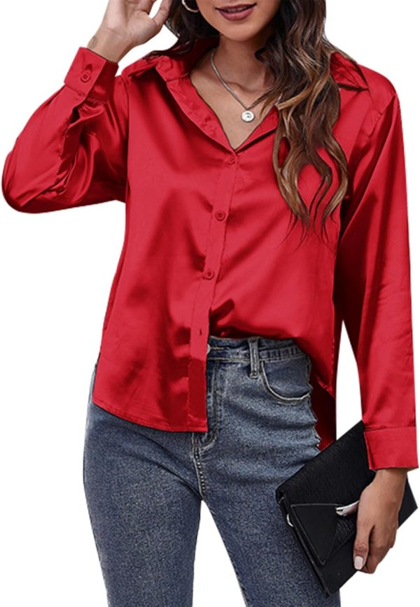 SEAUR Women Satin Button Down Shirts Casual Long Sleeve V