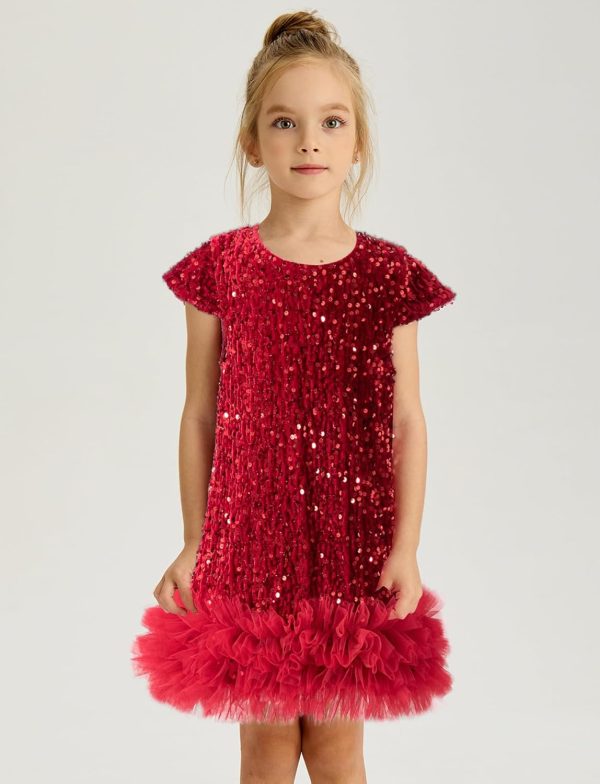 ⁦SEAUR Sparkly Sequin Dress for Girls Kids Short Sleeve Party Dresses Toddler Birthday Dress A-Line Tutu Princess Dress Ball Gown⁩ - الصورة ⁦3⁩