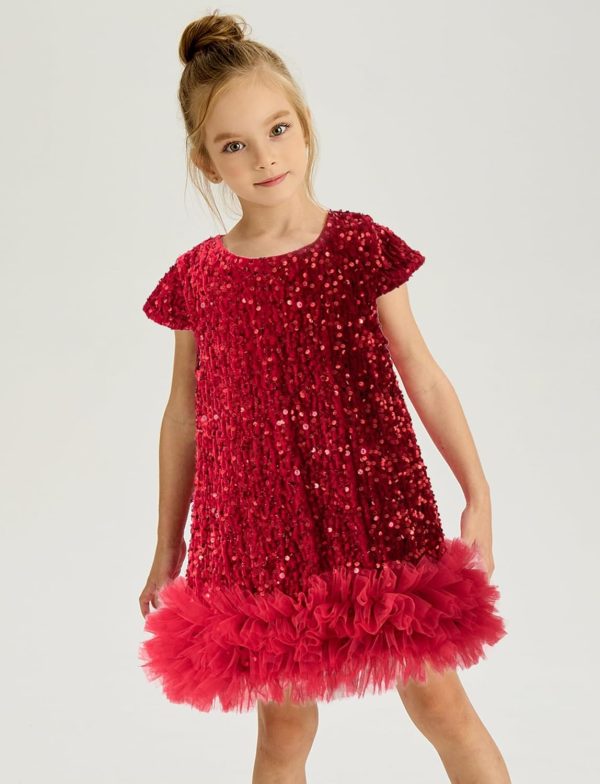 ⁦SEAUR Sparkly Sequin Dress for Girls Kids Short Sleeve Party Dresses Toddler Birthday Dress A-Line Tutu Princess Dress Ball Gown⁩ - الصورة ⁦4⁩