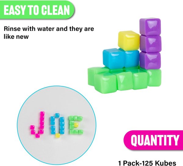 ⁦KOMARC GAMES StickiKubes, Mini Stacking Cubes That Stick to Anything, Non Toxic Kid Safe Sticky Blocks, Creative Construction Toy - 125 Cubes, 5 Neon Colors, Tub⁩ - الصورة ⁦3⁩