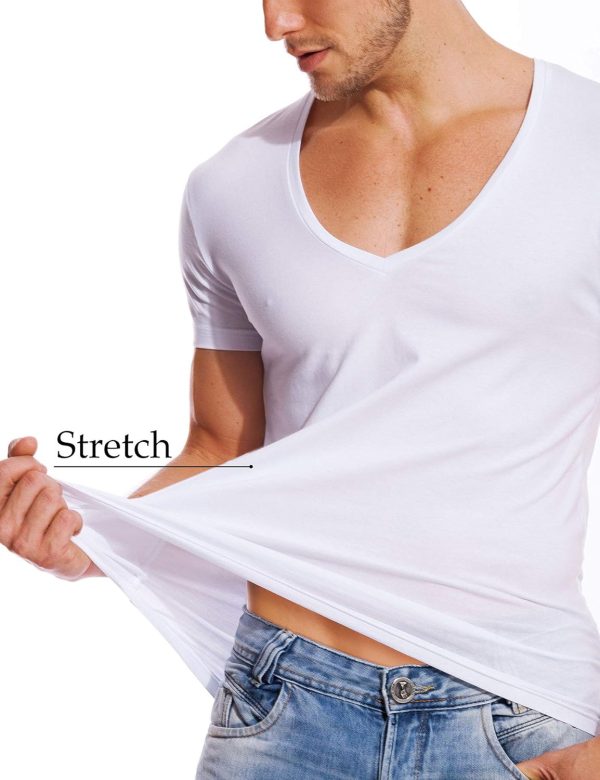 ⁦V Neck T Shirts Men Deep V Neck Tee Muscle Slim Fit Low Cut Stretch Tshirt⁩ - الصورة ⁦3⁩