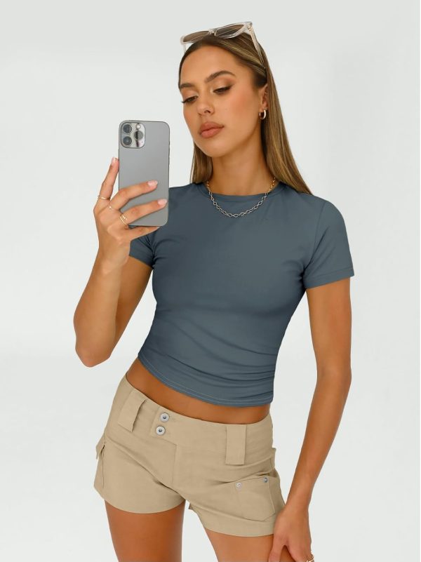 ⁦AUTOMET Womens 3 Piece Short Sleeve Shirts Basic Going Out Tops Slim Fit Crop Tops 2024 Y2k Clothes⁩ - الصورة ⁦3⁩