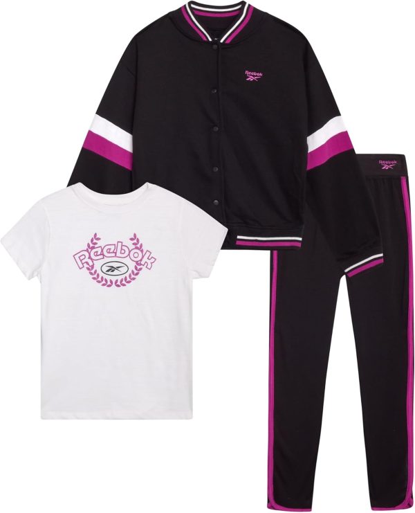 Reebok Girls' Jogger Set - 3 Piece T-Shirt, Fleece Hoodie, and Sweatpants (Size: 7-12)