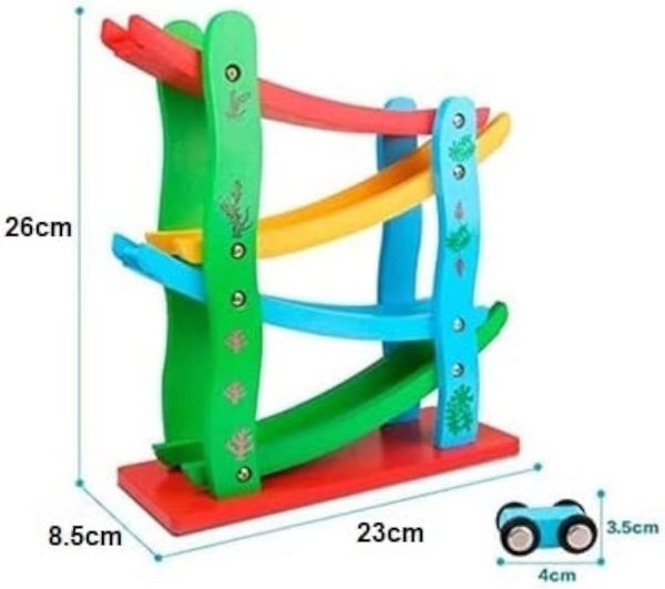 ⁦لعبة سباق سيارات تعليمية من الخشب بتصميم منحدر للاطفال الصغار من الجنسين مع 4 سيارات و4 طوابق (عادي)⁩ - الصورة ⁦2⁩