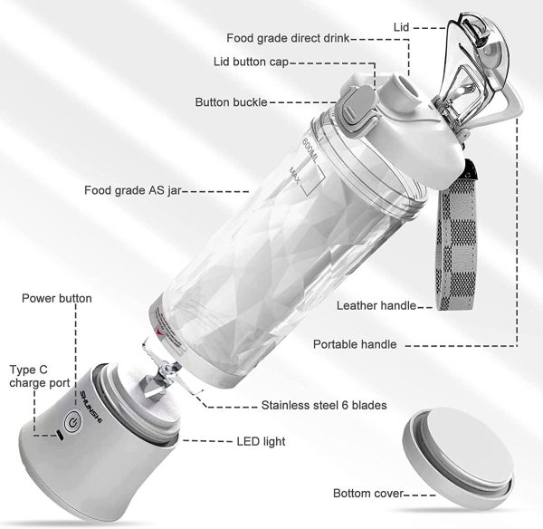 ⁦خلاط محمول 600 مل من دي ام جي 6 شفرات شخصي مقاوم للماء قابل لاعادة الشحن بمنفذ USB للمخفوقات والسموذي وعصير الفاكهة للمنزل وطعام الاطفال والخضروات والمكتب والرياضة والسفر 150.0 واط⁩ - الصورة ⁦4⁩
