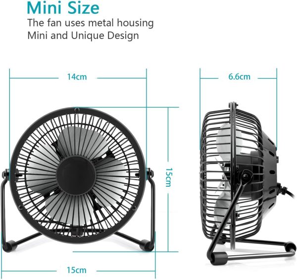 ⁦Arabest USB Desk Fan, Desk Personal Fan Quiet USB Powered Fan with 2 Speeds, Portable Mini Table Fan with Metal Construction Strong Airflow and 360°Adjustable, Cooling Fan for Ofice Desk (Black)⁩ - الصورة ⁦5⁩