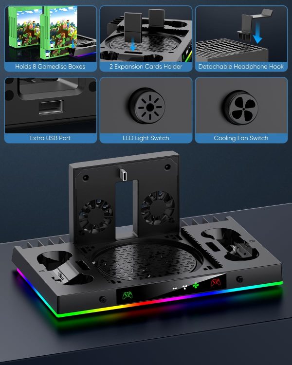 ⁦Upgrade Cooling Fan&Dual Charging Stand for Xbox Series X Console&Controller,Cooler Charger Station System for XSX with 15 RGB Light, 2x1400mAh Rechargeable Battery,Disc Accessories Storage (Black)⁩ - الصورة ⁦6⁩