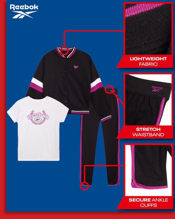 ⁦Reebok Girls' Jogger Set - 3 Piece T-Shirt, Fleece Hoodie, and Sweatpants (Size: 7-12)⁩ - الصورة ⁦2⁩