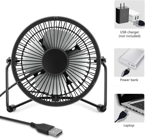 ⁦Arabest USB Desk Fan, Desk Personal Fan Quiet USB Powered Fan with 2 Speeds, Portable Mini Table Fan with Metal Construction Strong Airflow and 360°Adjustable, Cooling Fan for Ofice Desk (Black)⁩ - الصورة ⁦4⁩