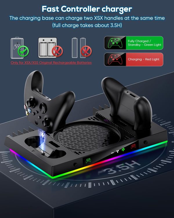 ⁦Upgrade Cooling Fan&Dual Charging Stand for Xbox Series X Console&Controller,Cooler Charger Station System for XSX with 15 RGB Light, 2x1400mAh Rechargeable Battery,Disc Accessories Storage (Black)⁩ - الصورة ⁦7⁩