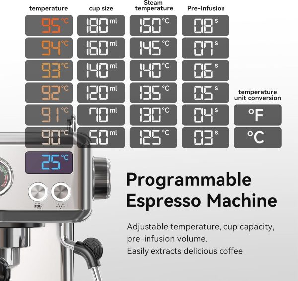 ⁦HiBREW H10A Programmable Espresso Machine, , Brushed Stainless Steel, Adjustable Temperature and Cup Volume, 1.8L Removable Water Tank, Steam Wand for Milk Frother⁩ - الصورة ⁦3⁩