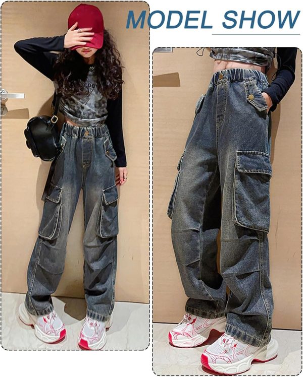 ⁦Happy Cherry - Long Jeans for Girls Casual Jeans Wide Straight Trousers Girls with Elastic Waist Loose Denim Girl for Summer Winter Spring Autumn - 5-15 Years - Blue⁩ - الصورة ⁦2⁩