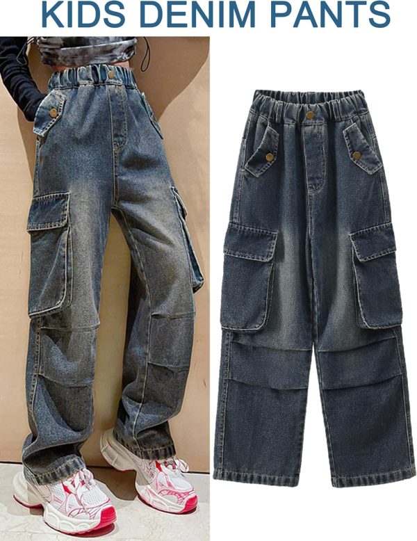 ⁦Happy Cherry - Long Jeans for Girls Casual Jeans Wide Straight Trousers Girls with Elastic Waist Loose Denim Girl for Summer Winter Spring Autumn - 5-15 Years - Blue⁩ - الصورة ⁦4⁩