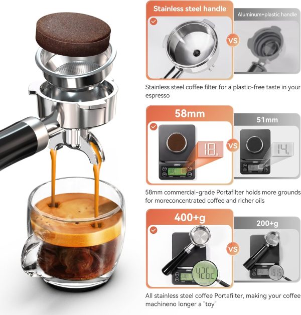 ⁦HiBREW H10A Programmable Espresso Machine, , Brushed Stainless Steel, Adjustable Temperature and Cup Volume, 1.8L Removable Water Tank, Steam Wand for Milk Frother⁩ - الصورة ⁦4⁩