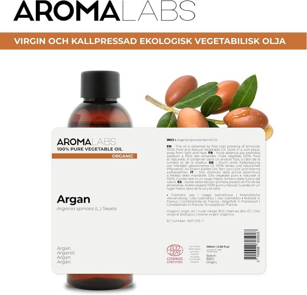 ⁦Aroma Labs ORGANIC - ARGAN Oil - 100mL - 100% Pure, Natural, Cold Pressed and Cosmos Certified - (French Brand)⁩ - الصورة ⁦2⁩