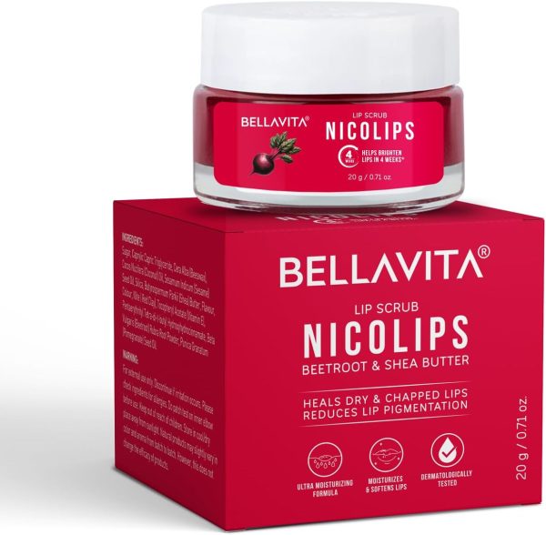 Bella Vita Organic NicoLips Lip Scrub Balm For Lightening & Brightening Dark Lips For Men & Women, 20g