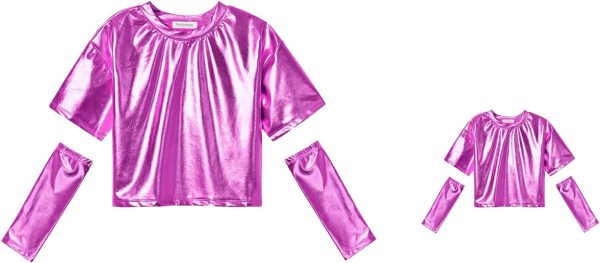 Perfashion Matching Doll&Girls Metallic Top Long Sleeve Sparkly Shirt for Dance Crop 4-15 Years