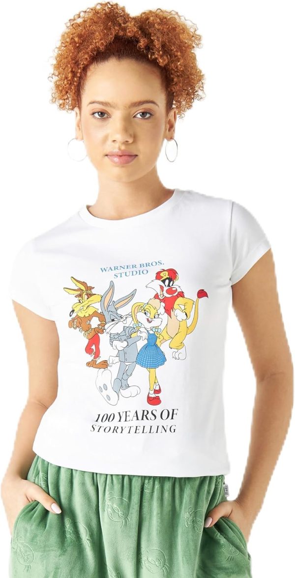 SP Characters Women Looney Tunes Print T-Shirt With Crew Neck And Cap Sleeves XL White