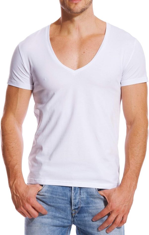 V Neck T Shirts Men Deep V Neck Tee Muscle Slim Fit Low Cut Stretch Tshirt