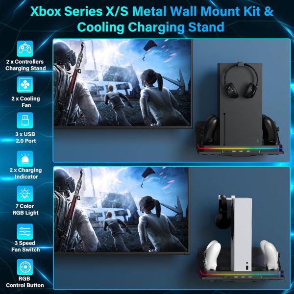 ⁦Wall Mount for Xbox Series X/S, Metal Wall Mount Kit for Xbox Series X/S Accessories with Dual Controller Stand and Headphone Holder, Efficient Ventilation Design & Easy Installation (Wall Mount &⁩ - الصورة ⁦2⁩