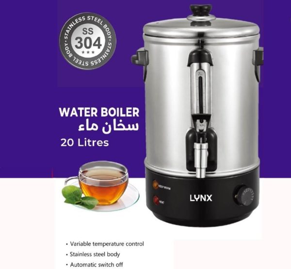 ⁦غلاية مياه من لينكس، 20 لتر، 2000 واط، تحكم متغير في درجة الحرارة، 110 درجة مئوية كحد اقصى، ايقاف تلقائي، حماية من الغليان الجاف، صنبور مياه خارجي، صنبور تصريف غير تنقيط، مؤشر ضوء بايلوت، LY-WP-1020⁩ - الصورة ⁦2⁩
