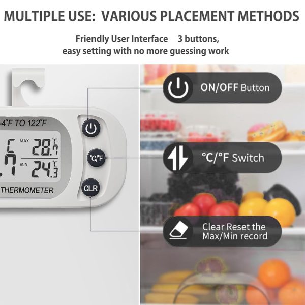 ⁦ميزان حرارة للثلاجة مقاوم للماء من جيه جوجكل، ميزان حرارة رقمي لغرفة الفريزر، وظيفة تسجيل بحد اقصى/دقيقة، شاشة LCD كبيرة وظهر مغناطيسي للمطبخ والمنزل والمطاعم⁩ - الصورة ⁦3⁩