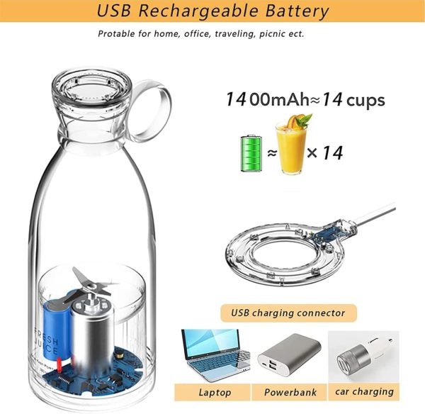 ⁦خلاط بحجم شخصي محمول يعمل بالبطارية صغير قابل لاعادة الشحن بمنفذ USB خلط العصير وخلط الثلج ابيض من تي كيه بي دي 500.0 واط⁩ - الصورة ⁦5⁩