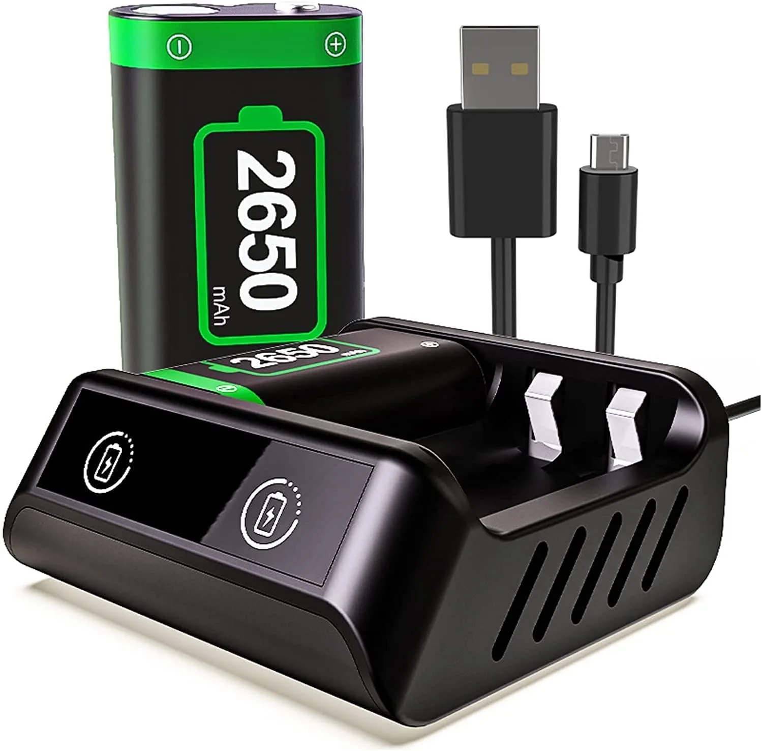 بطاريات قابلة لاعادة الشحن من لويكي لاذرع تحكم Xbox Series X/S بطاريتان بسعة عالية 2650mAh مع شاحن حزمة 2 في 1 مؤشر LED ملحقات شحن لاكس بوكس سلسلة اكس/اس USB أسود