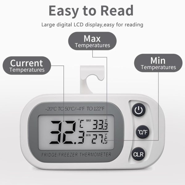 ⁦ميزان حرارة للثلاجة مقاوم للماء من جيه جوجكل، ميزان حرارة رقمي لغرفة الفريزر، وظيفة تسجيل بحد اقصى/دقيقة، شاشة LCD كبيرة وظهر مغناطيسي للمطبخ والمنزل والمطاعم⁩ - الصورة ⁦2⁩