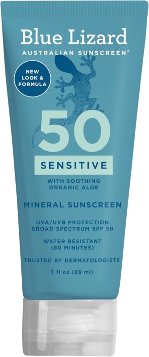 الأزرق السحلية الحساسة واقية من الشمس المعدنية مع أكسيد الزنك، SPF 50+، مقاومة للماء، UVA / UVB حماية مع سمارت كاب التكنولوجيا - العطر الحرة، وريف الآمن، أنبوب 3 فلوريدا أوقية (حزمة من 1)، 3.0 اونصة