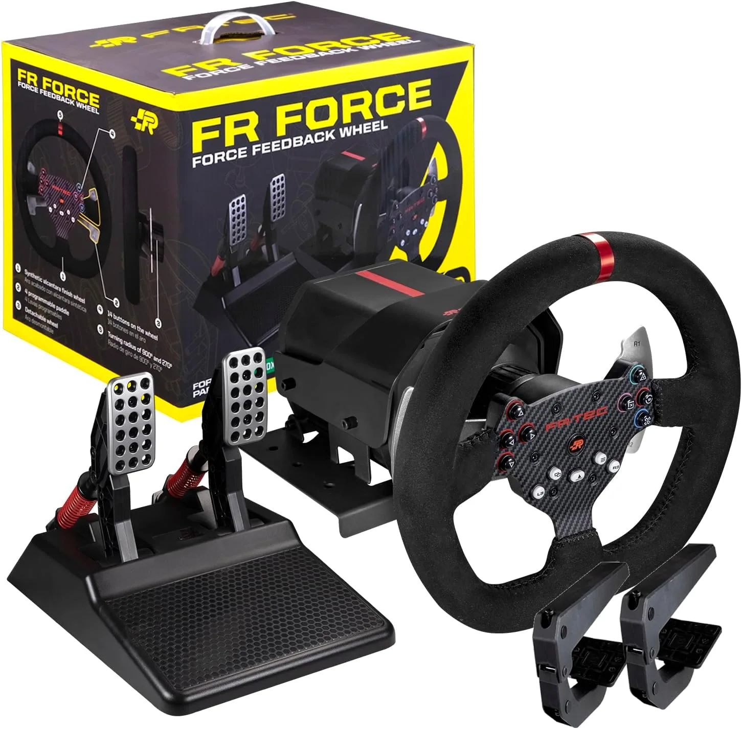 FRTEC - Lenkrad mit Pedalen FR FORCE, Force-Feedback 3,2 Nm, Doppelmotor, abnehmbare Felge, Zahnräder und Achse aus Stahl, Alcantara-Finish für PS4, Xbox Series Xbox One und PC